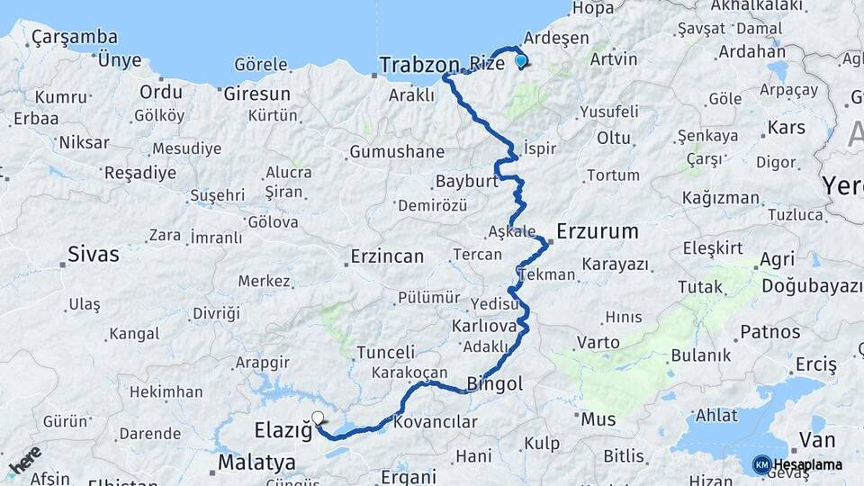 Rize Çamlıhemşin Elazığ Arası Kaç Km - Yol Haritası
