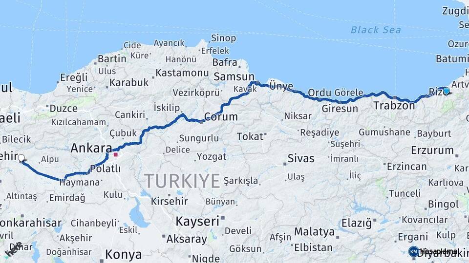 Rize Çamlıhemşin Eskişehir Arası Kaç Km - Yol Haritası