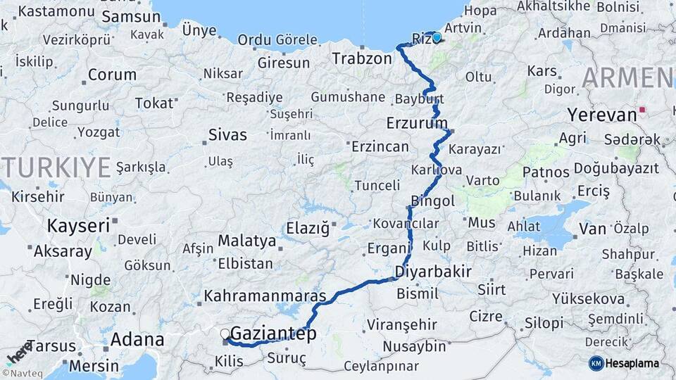 Rize Çamlıhemşin Gaziantep Arası Kaç Km - Yol Haritası