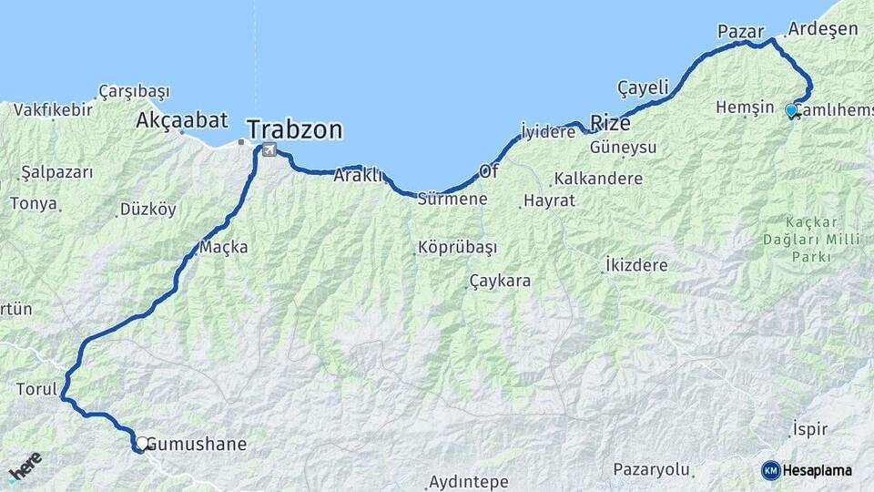 Rize Çamlıhemşin Gümüşhane Arası Kaç Km - Yol Haritası