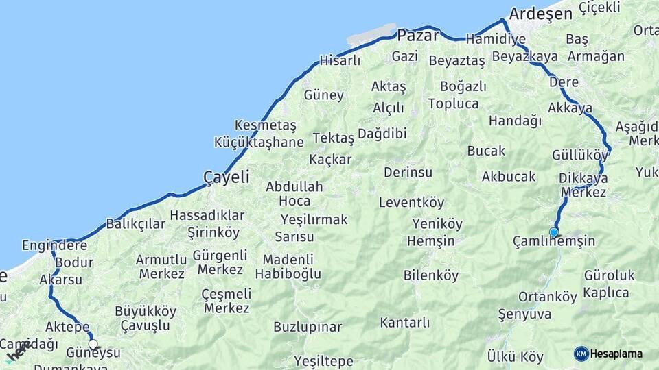 Rize Çamlıhemşin Güneysu Arası Kaç Km - Yol Haritası