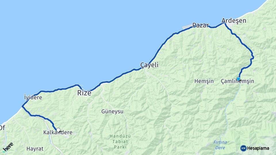 Rize Çamlıhemşin Kalkandere Arası Kaç Km - Yol Haritası