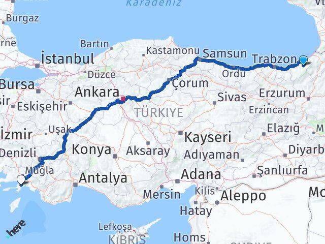 Rize Çamlıhemşin Marmaris Muğla Arası Kaç Km - Yol Haritası