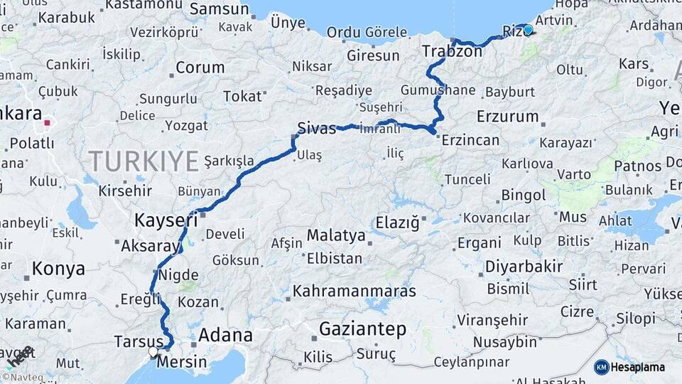 Rize Çamlıhemşin Mersin Arası Kaç Km - Yol Haritası