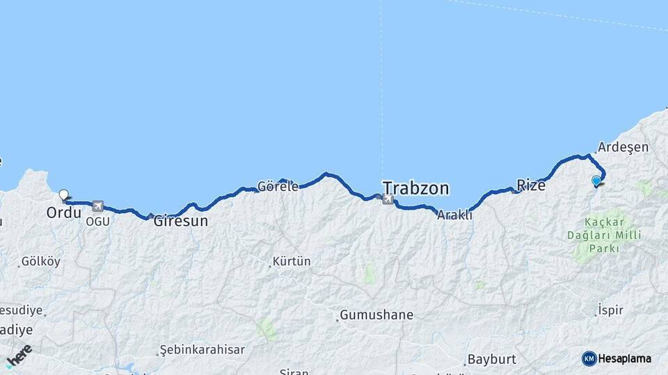 Rize Çamlıhemşin Ordu Arası Kaç Km - Yol Haritası