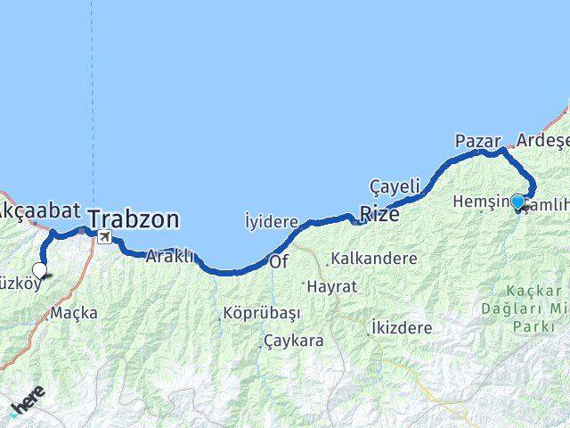 Rize Çamlıhemşin Ortahisar Trabzon Arası Kaç Km - Yol Haritası