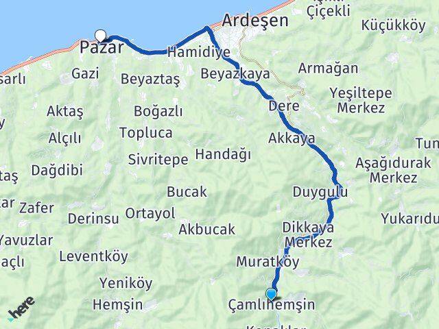 Rize Çamlıhemşin Pazar Arası Kaç Km - Yol Haritası