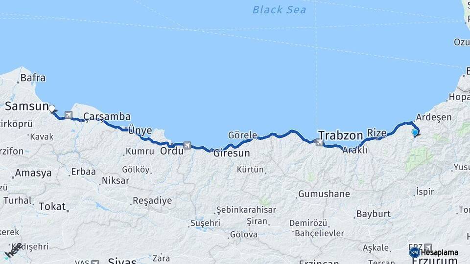 Rize Çamlıhemşin Samsun Arası Kaç Km - Yol Haritası