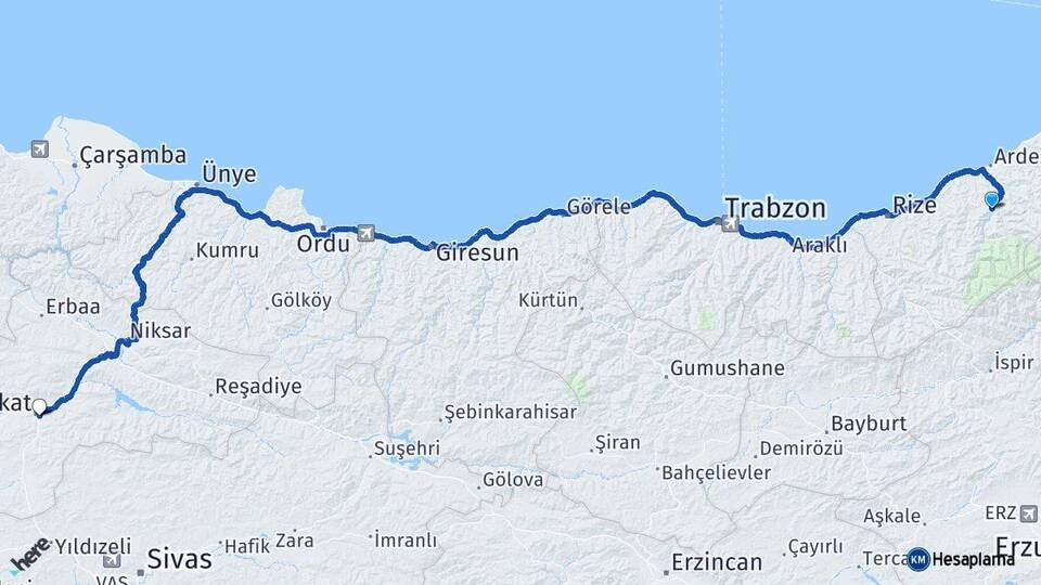 Rize Çamlıhemşin Tokat Arası Kaç Km - Yol Haritası