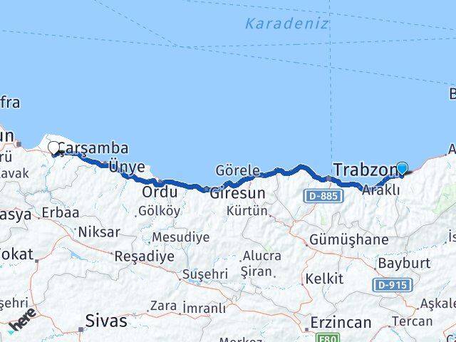Rize Çarşamba Samsun Arası Kaç Km - Yol Haritası
