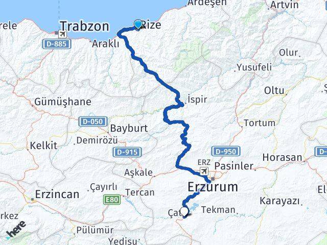 Rize Çat Erzurum Arası Kaç Km - Yol Haritası