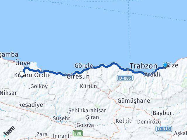 Rize Çatalpınar Ordu Arası Kaç Km - Yol Haritası