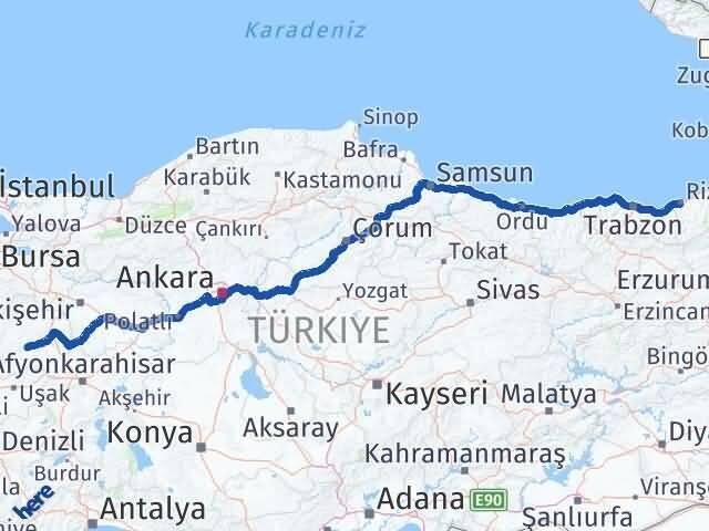 Rize Çavdarhisar Kütahya Arası Kaç Km - Yol Haritası