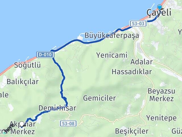 Rize Çayeli Akpınar Arası Kaç Km - Yol Haritası