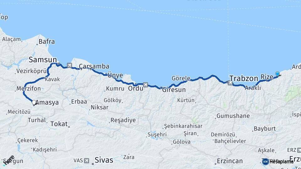 Rize Çayeli Amasya Arası Kaç Km - Yol Haritası