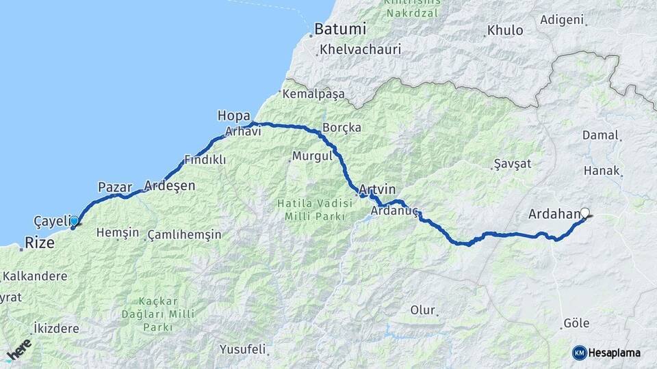 Rize Çayeli Ardahan Arası Kaç Km - Yol Haritası