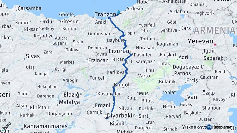 Rize Çayeli Diyarbakır Arası Kaç Km - Yol Haritası