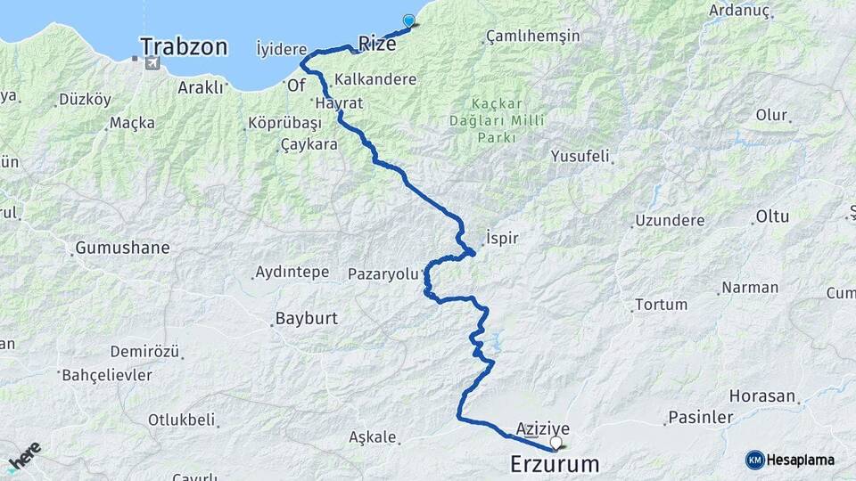 Rize Çayeli Erzurum Arası Kaç Km - Yol Haritası