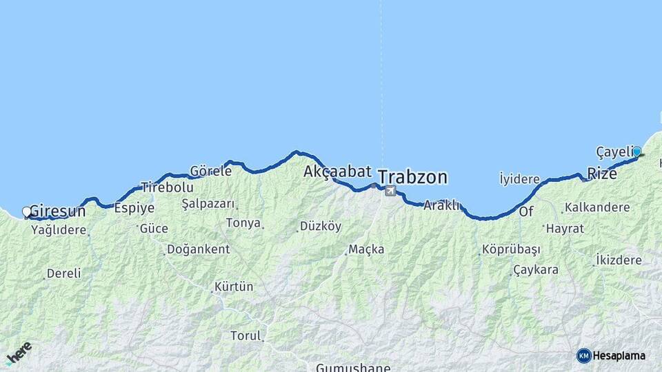 Rize Çayeli Giresun Arası Kaç Km - Yol Haritası