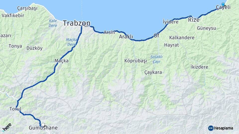 Rize Çayeli Gümüşhane Arası Kaç Km - Yol Haritası