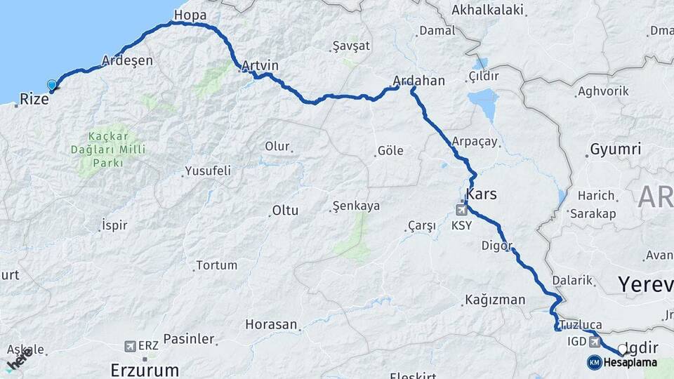 Rize Çayeli Iğdır Arası Kaç Km - Yol Haritası