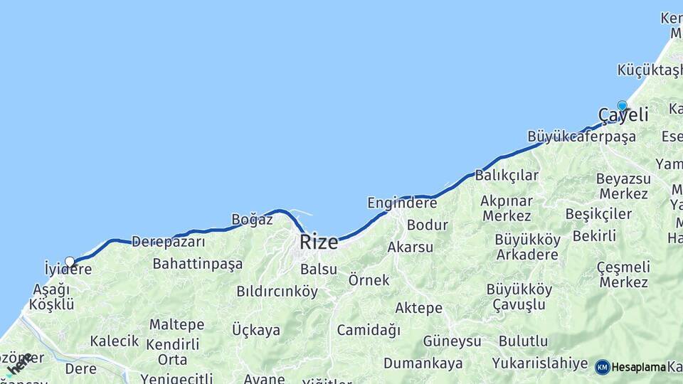 Rize Çayeli İyidere Arası Kaç Km - Yol Haritası