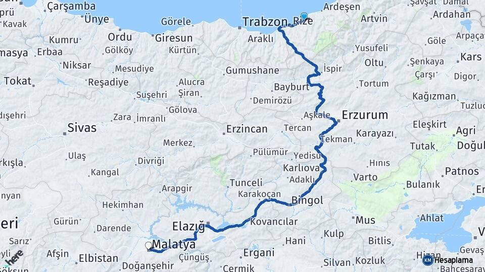 Rize Çayeli Malatya Arası Kaç Km - Yol Haritası