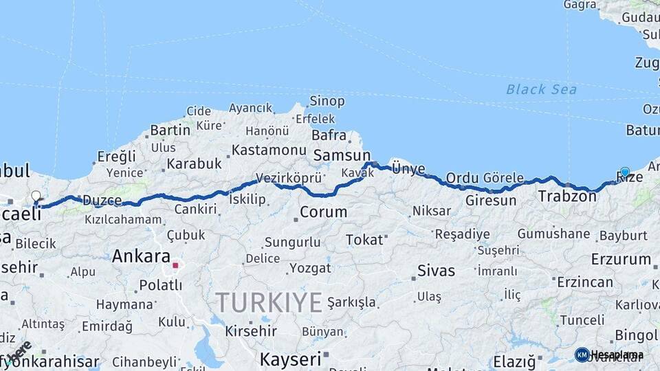 Rize Çayeli Sakarya Arası Kaç Km - Yol Haritası