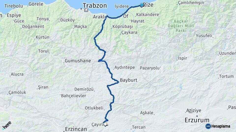 Rize Çayırlı Erzincan Arası Kaç Km - Yol Haritası