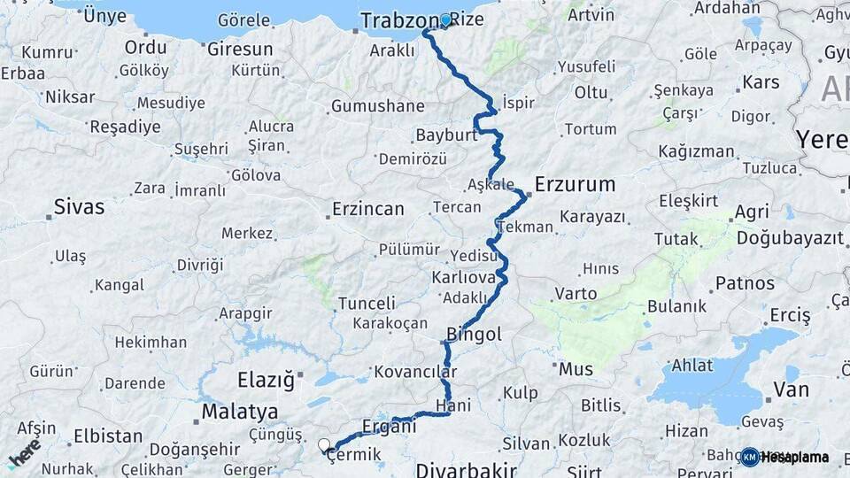 Rize Çermik Diyarbakır Arası Kaç Km - Yol Haritası