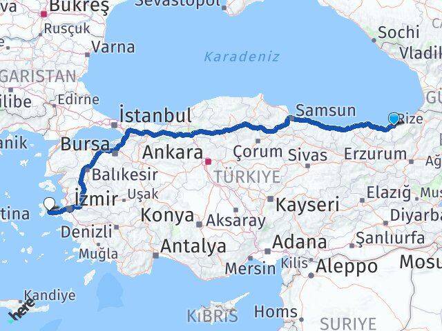 Rize Çeşme İzmir Arası Kaç Km - Yol Haritası