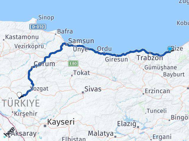 Rize Çiçekdağı Kırşehir Arası Kaç Km - Yol Haritası