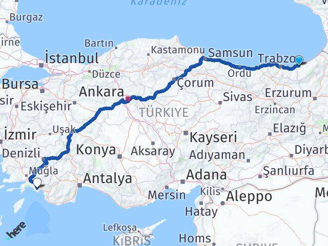 Rize Dalaman Muğla Arası Kaç Km - Yol Haritası