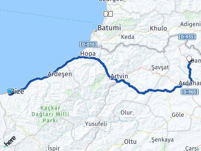 Rize Damal Ardahan Arası Kaç Km - Yol Haritası