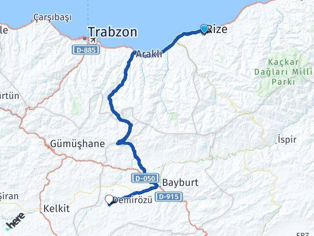 Rize Demirözü Bayburt Arası Kaç Km - Yol Haritası
