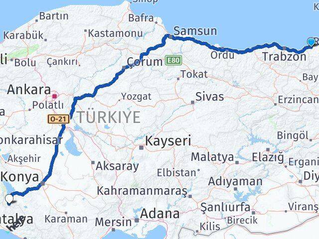 Rize Derebucak Konya Arası Kaç Km - Yol Haritası
