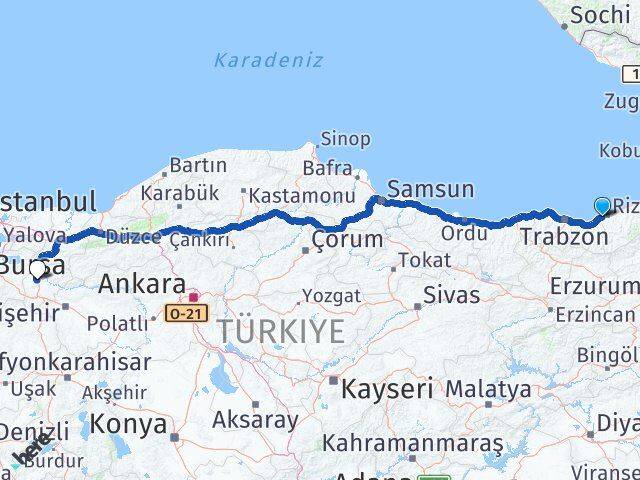 Rize Derepazarı Bilecik Arası Kaç Km - Yol Haritası
