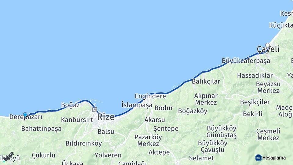 Rize Derepazarı Çayeli Arası Kaç Km - Yol Haritası