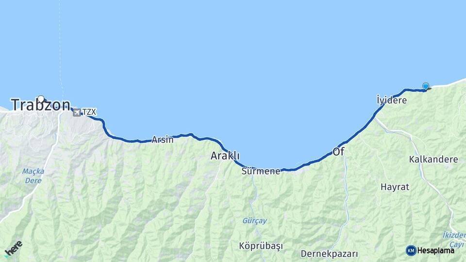 Rize Derepazarı Trabzon Arası Kaç Km - Yol Haritası
