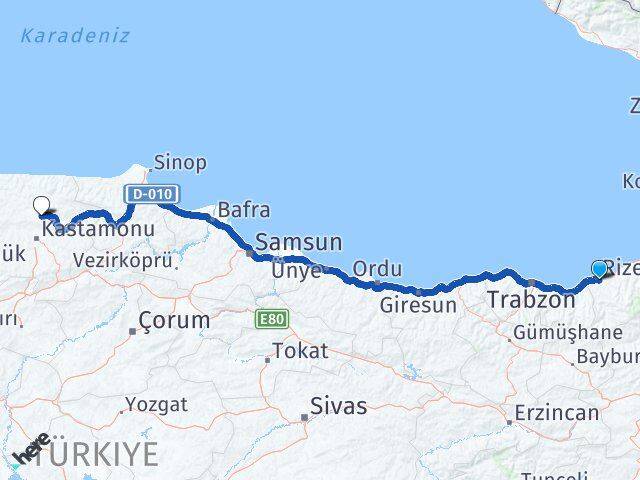 Rize Devrekani Kastamonu Arası Kaç Km - Yol Haritası