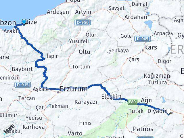 Rize Diyadin Ağrı Arası Kaç Km - Yol Haritası