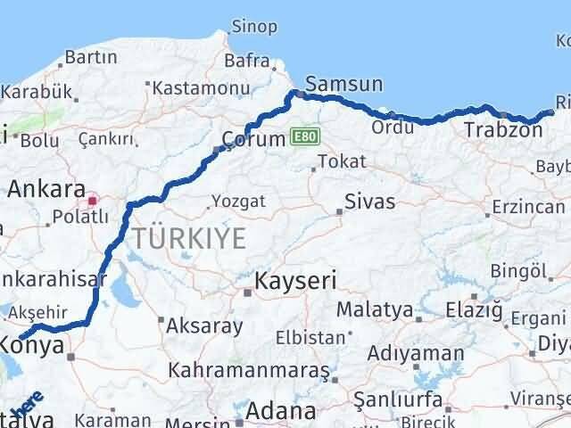 Rize Doğanhisar Konya Arası Kaç Km - Yol Haritası