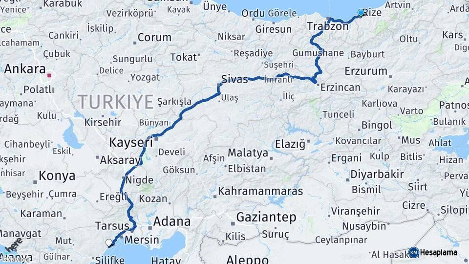 Rize Erdemli Mersin Arası Kaç Km - Yol Haritası