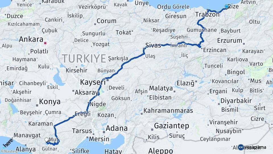 Rize Ermenek Karaman Arası Kaç Km - Yol Haritası