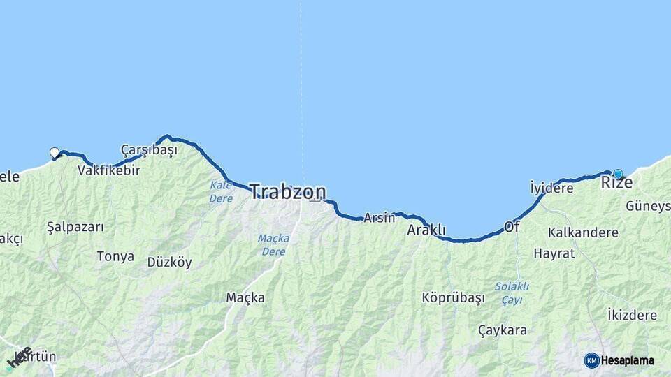 Rize Eynesil Giresun Arası Kaç Km - Yol Haritası
