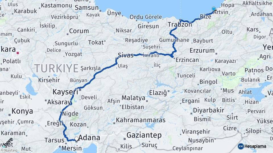 Rize Fındıklı Adana Arası Kaç Km - Yol Haritası