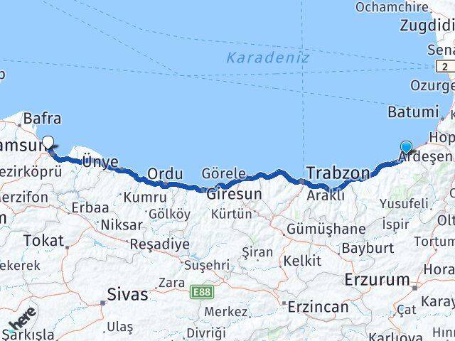 Rize Fındıklı Atakum Samsun Arası Kaç Km - Yol Haritası
