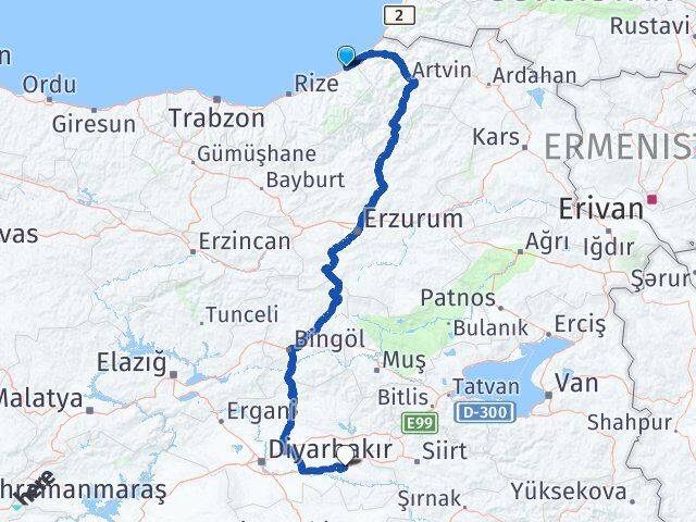 Rize Fındıklı Batman Arası Kaç Km - Yol Haritası