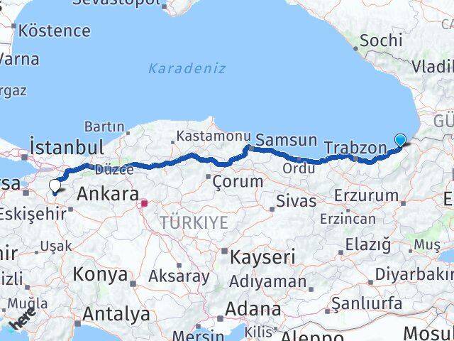 Rize Fındıklı Bilecik Arası Kaç Km - Yol Haritası