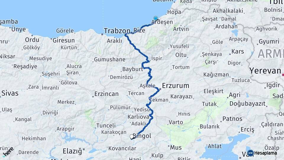Rize Fındıklı Bingöl Arası Kaç Km - Yol Haritası